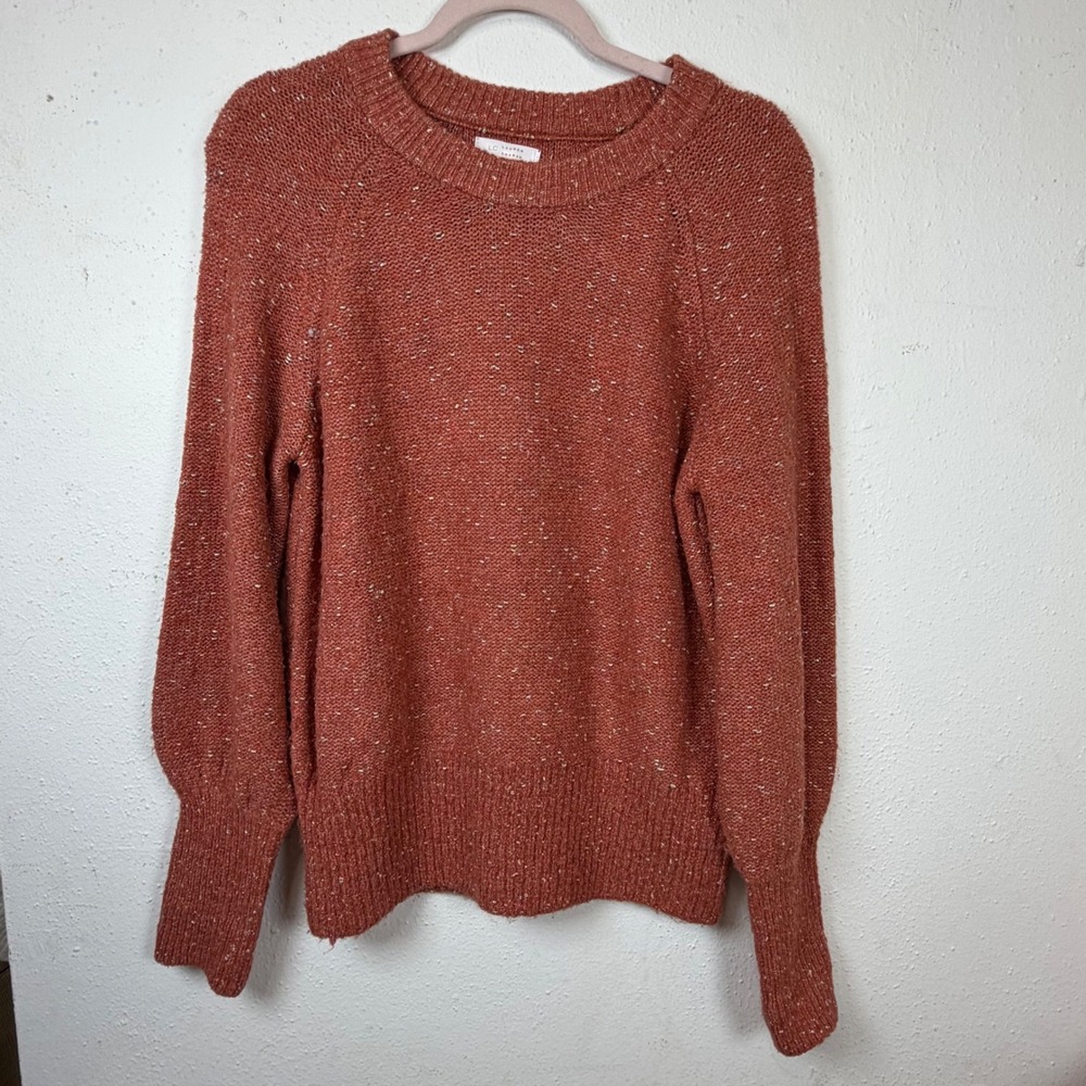 LC Lauren Conrad M Rust Orange Confetti Knit Sweater Puff Sleeve Boho Cottage